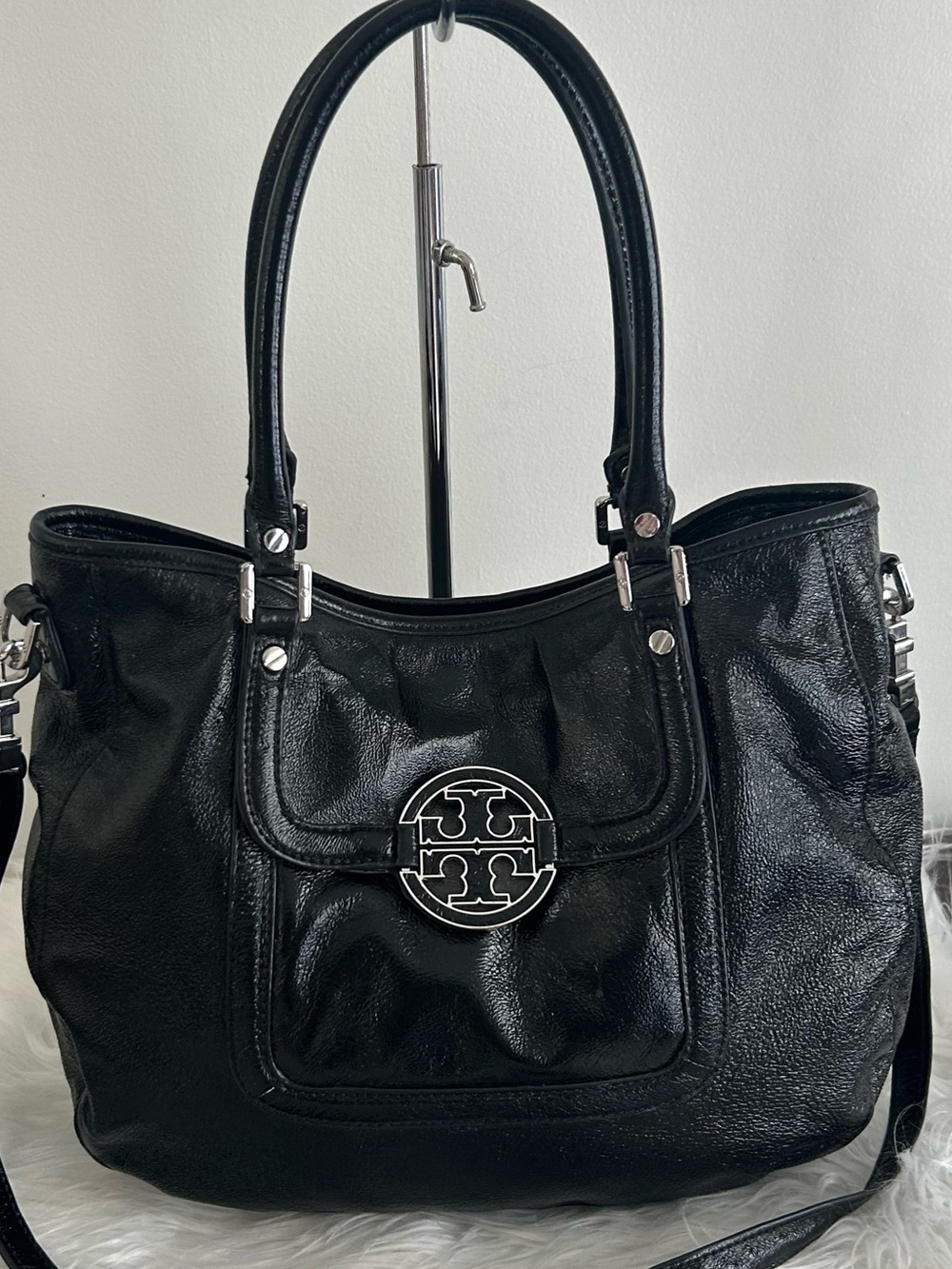 Tory Burch Amanda Black Leather Logo Medallion Tote Crossbody Shoulder Bag - Picture 4 of 13